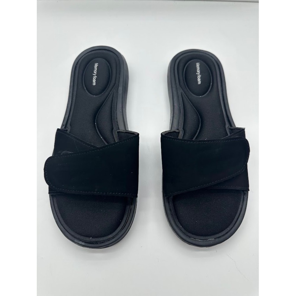 Black Memory Foam Slide Sandals Adjustable Hook Loop Strap Women Size M - Picture 3 of 8